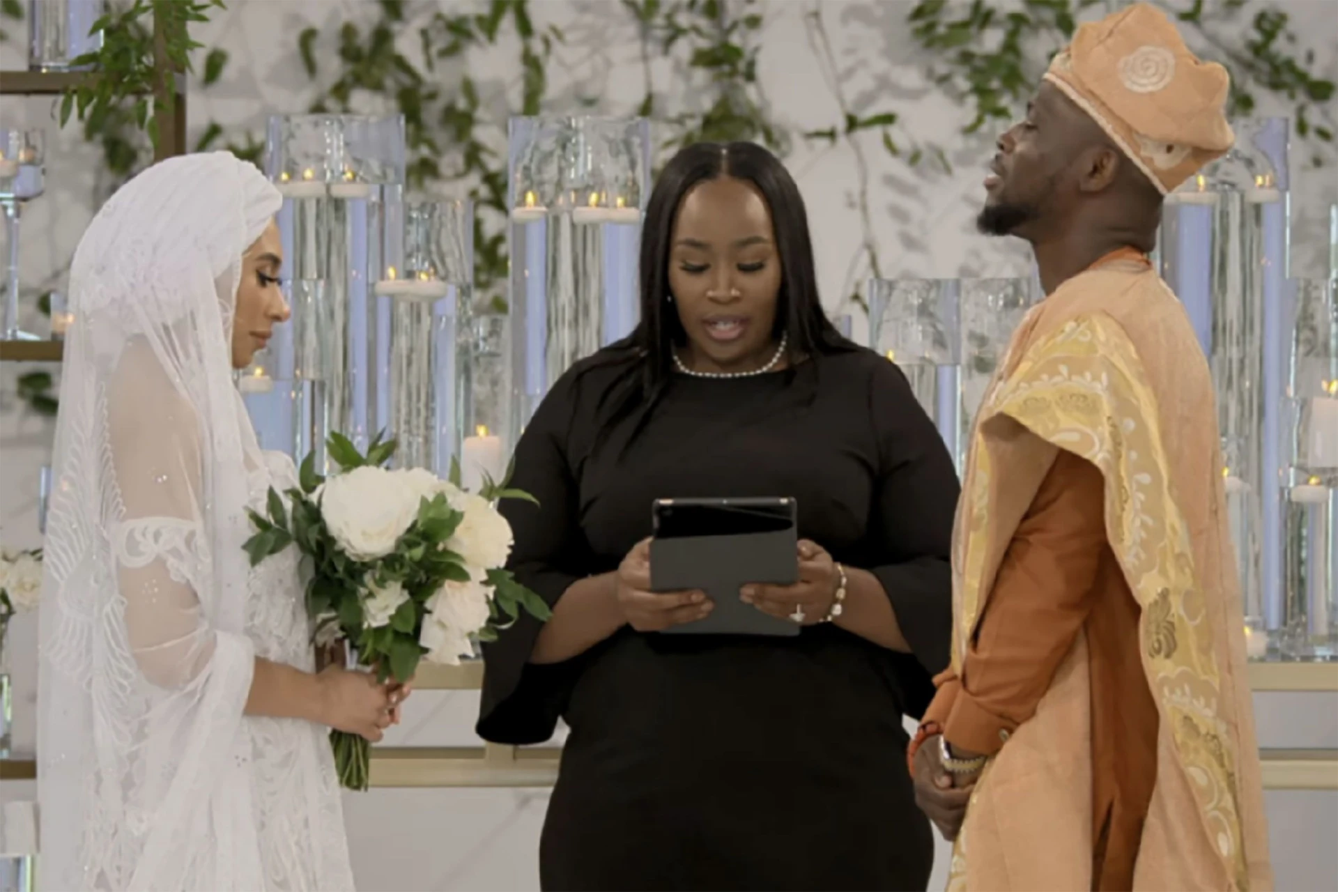 Jennifer Allen officiating a wedding on Netflix's Love Is Blind